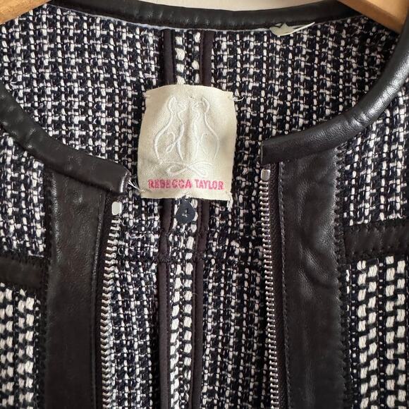 Rebecca Taylor Black and White Tweed Lamb Leather Trim Zip Jacket Blazer 4 - Picture 4 of 11